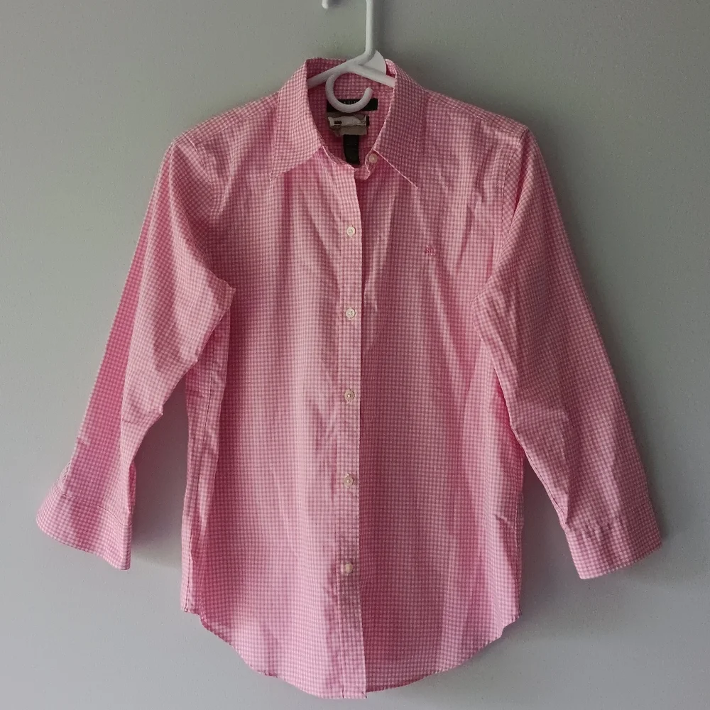 Lauren Ralph Lauren Cotton Gingham Plaid Button Down Shirt Pink White Small - Picture 6 of 12